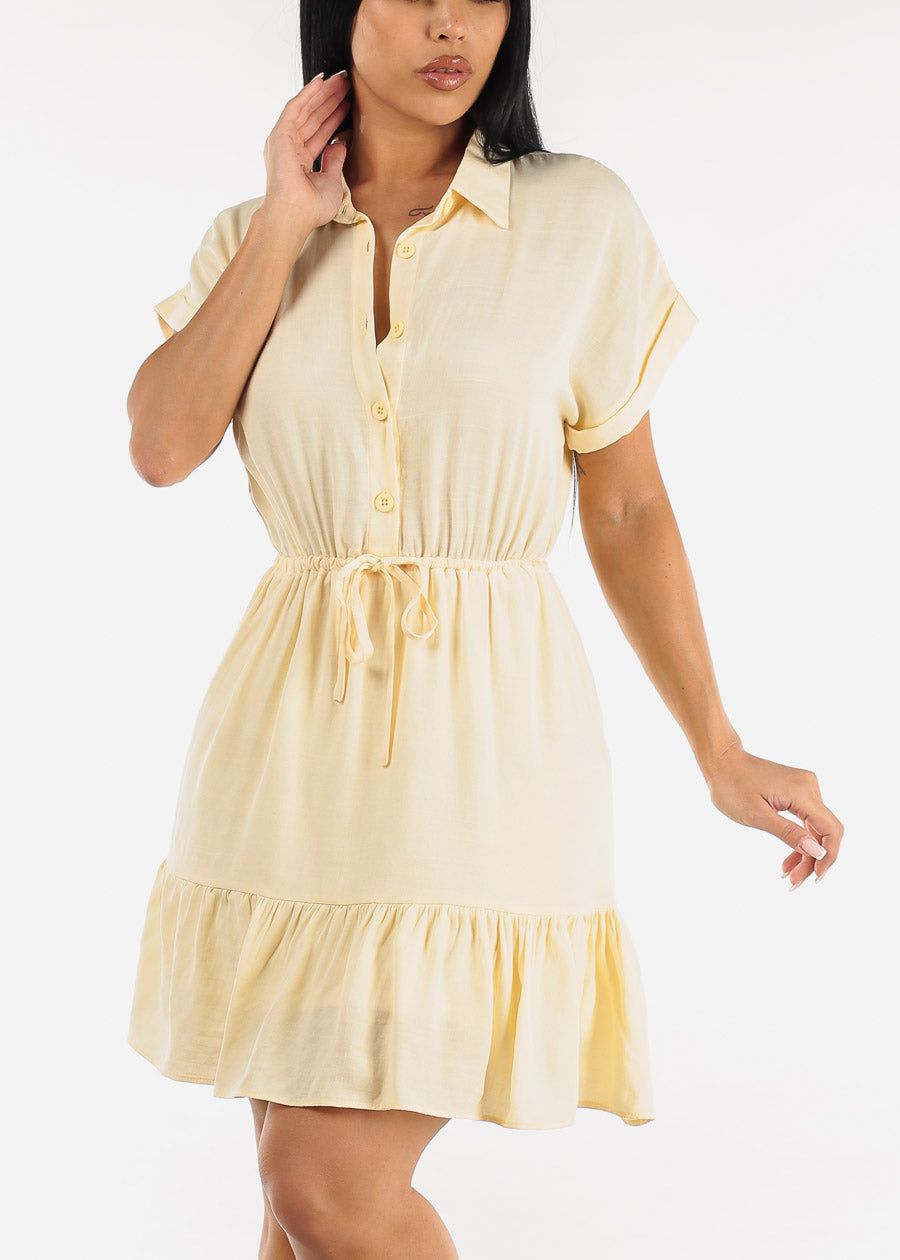 Drawstring Waist Ruffle Hem Shirtdress Yellow sold by Moda