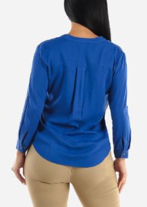 Vneck Long Sleeve Button Up Shirt Royal Blue sold by Moda