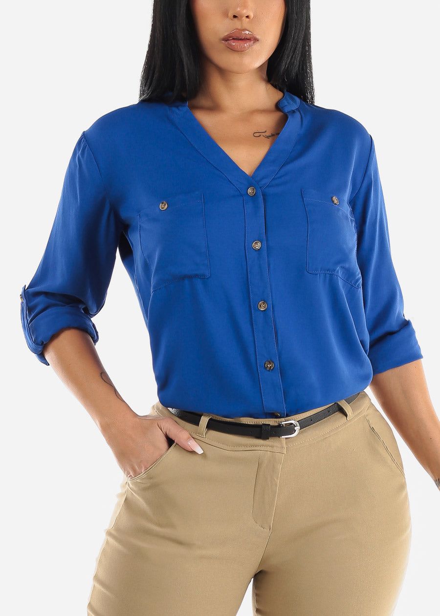 Vneck Long Sleeve Button Up Shirt Royal Blue sold by Moda