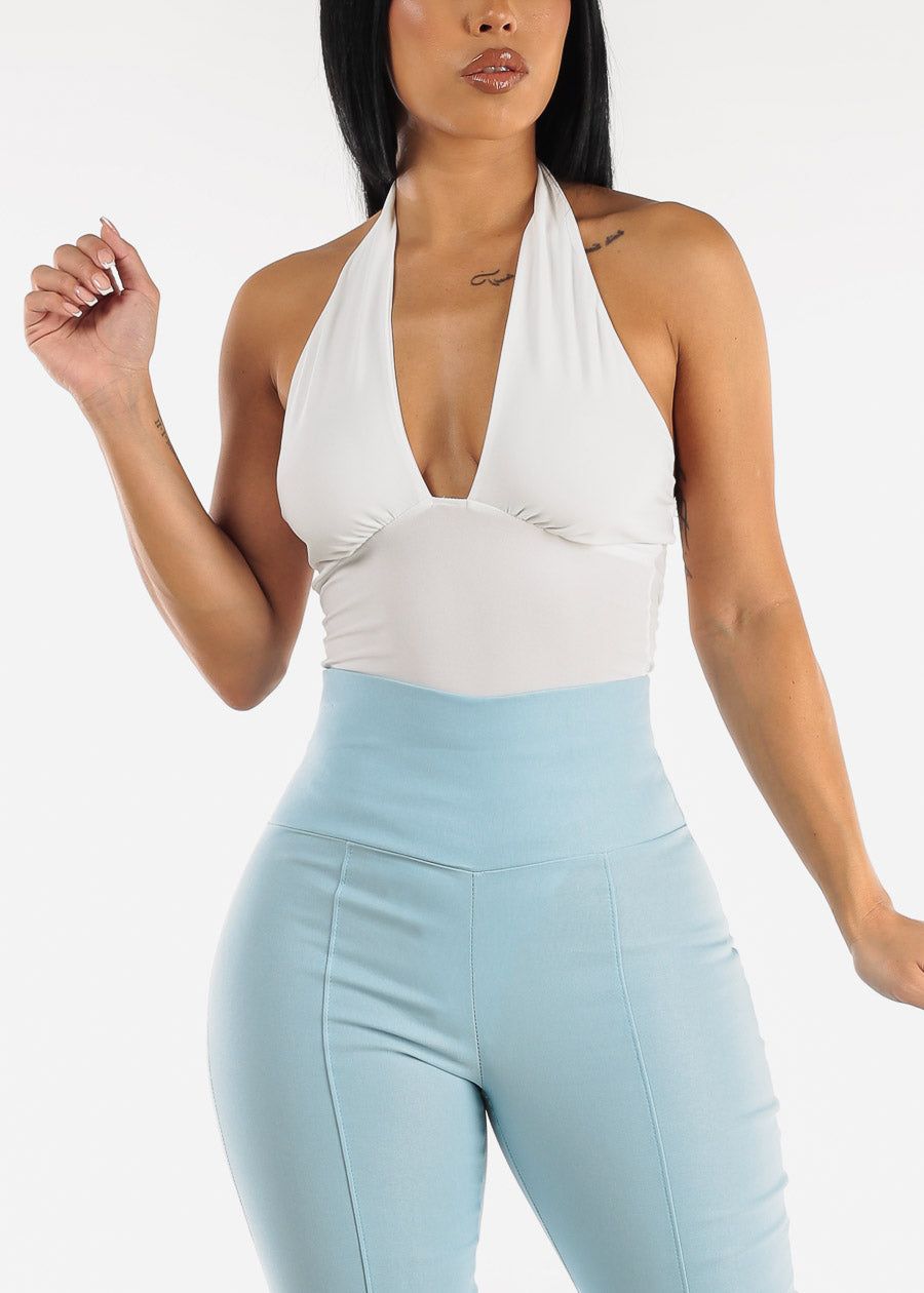 Backless Plunge Neckline Thong Bodysuit White sold by Moda