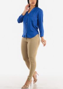 Vneck Long Sleeve Button Up Shirt Royal Blue sold by Moda