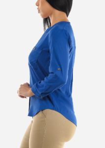 Vneck Long Sleeve Button Up Shirt Royal Blue sold by Moda