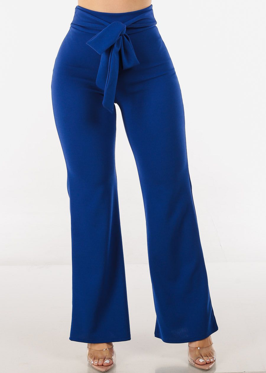 High Rise Waist Tied Wide Leg Formal Pants Royal Blue sold by Moda
