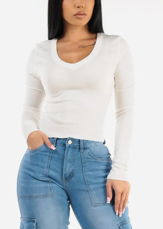 Long Sleeve White Vneck Sweater sold by Moda