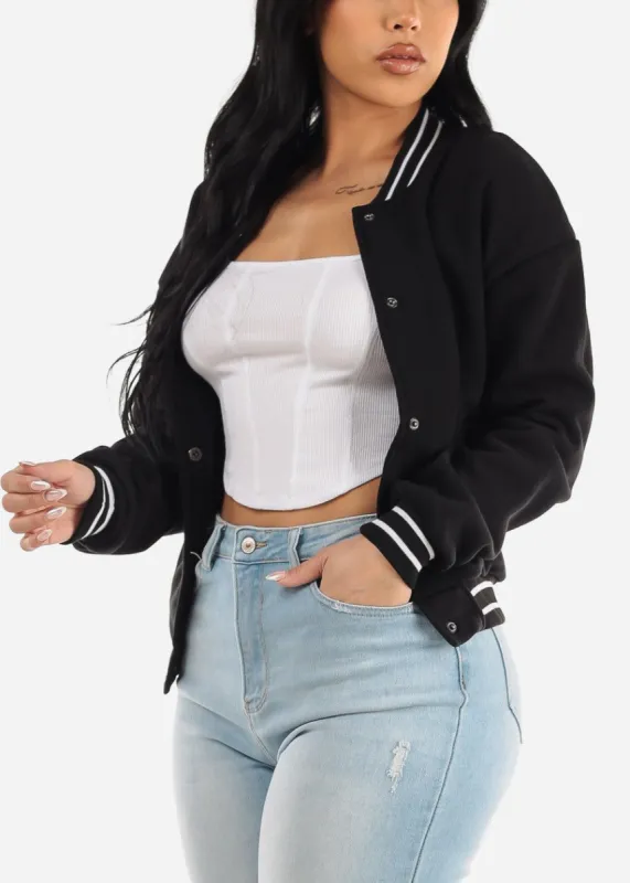 Black Long Sleeve Varsity Fleece Bomber Jacket sold by Moda