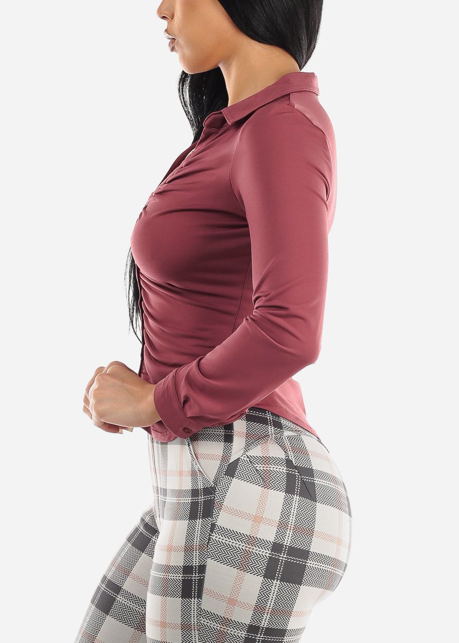 Long Sleeve Button Down Ruched Collared Blouse Berry sold by Moda product image thumbnail 3