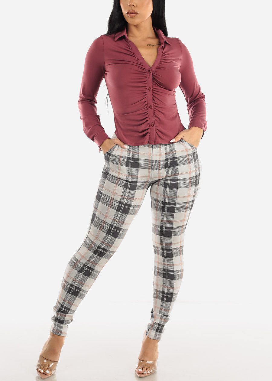 Long Sleeve Button Down Ruched Collared Blouse Berry sold by Moda product image thumbnail 2