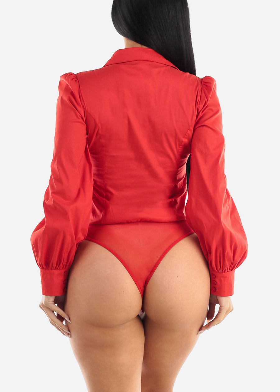 Long Sleeve Red Ruched Collared Button Up Bodysuit sold by Moda product image thumbnail 4