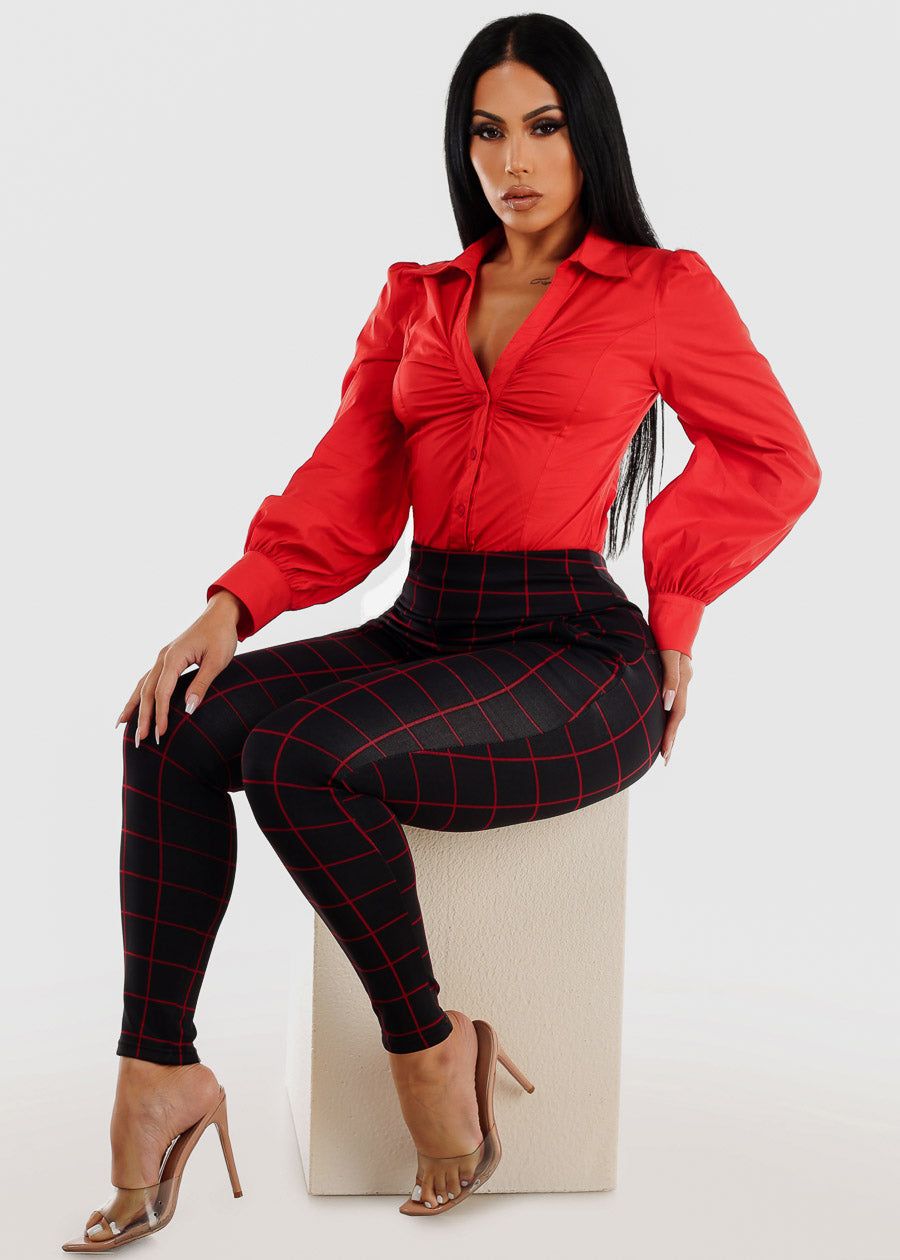Long Sleeve Red Ruched Collared Button Up Bodysuit sold by Moda product image thumbnail 2