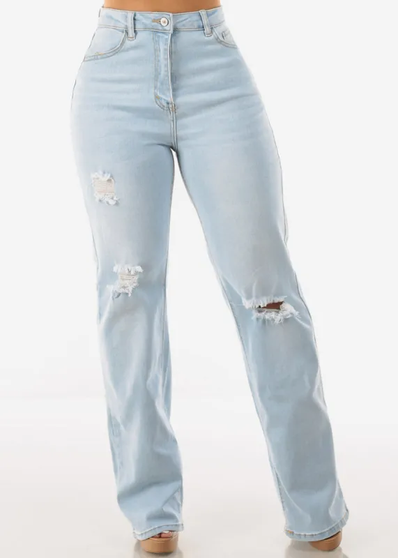 Ripped High Waist Wide Leg Straight Stretch Light Jeans sold by Moda