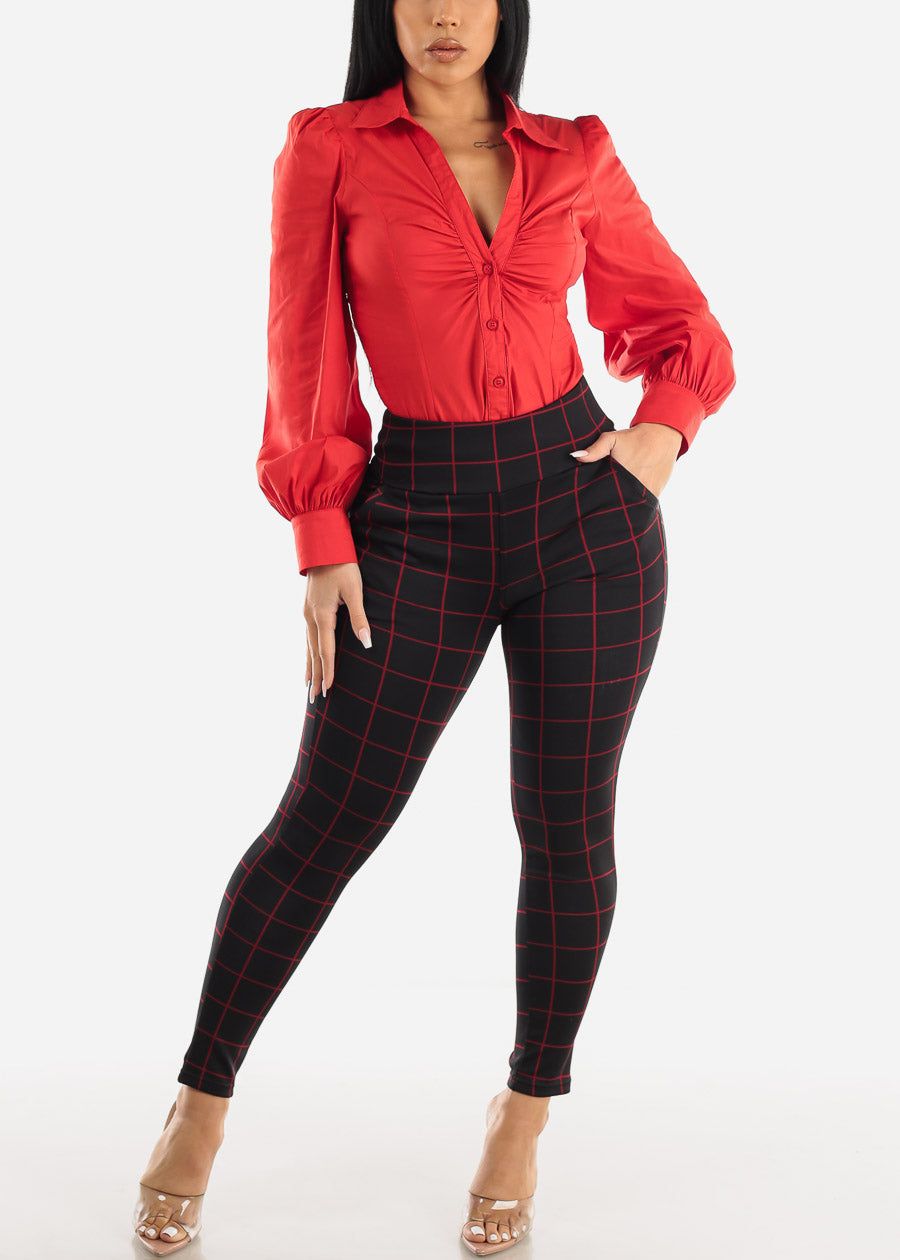Long Sleeve Red Ruched Collared Button Up Bodysuit sold by Moda product image thumbnail 5