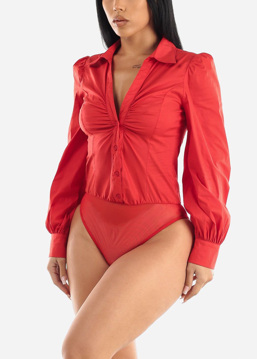 Long Sleeve Red Ruched Collared Button Up Bodysuit sold by Moda
