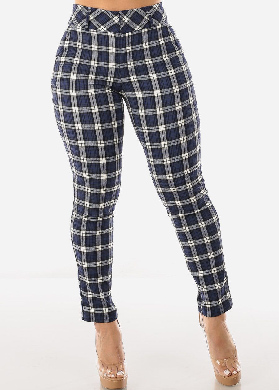 High Waist Plaid Dressy Skinny Pants Navy sold by Moda