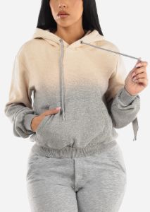 Long Sleeve Fleece Ombre Pullover Hoodie Beige & Grey sold by Moda