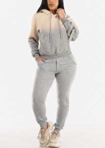 Long Sleeve Fleece Ombre Pullover Hoodie Beige & Grey sold by Moda