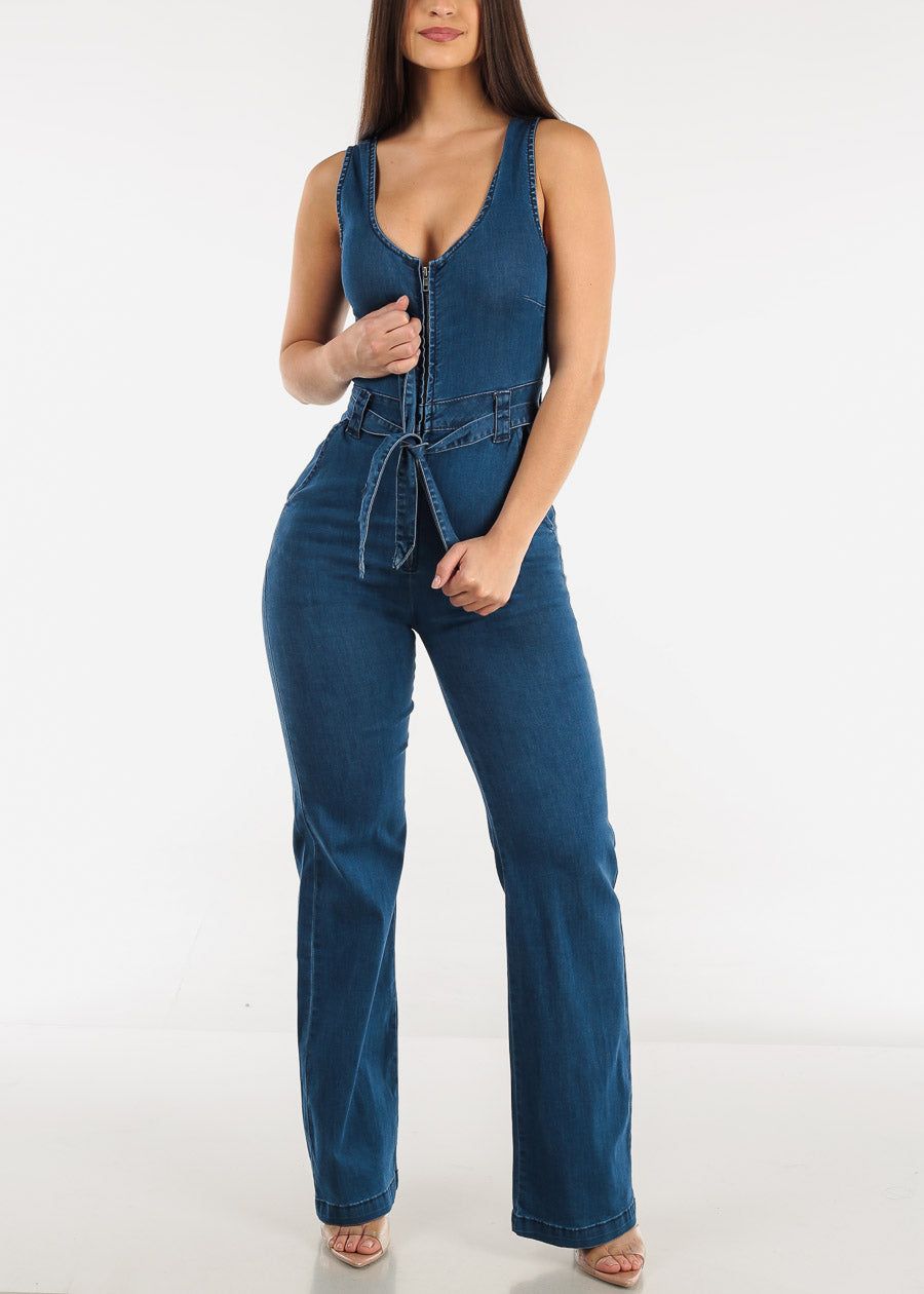 Wide Leg Sleeveless Denim Jumpsuit w Belt sold by Moda