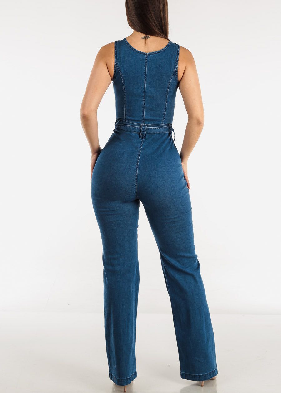 Wide Leg Sleeveless Denim Jumpsuit w Belt sold by Moda product image thumbnail 3