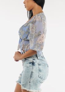 Front Knot Ruffle Hem Floral Crop Top Blue sold by Moda