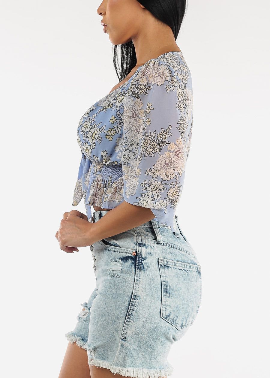 Front Knot Ruffle Hem Floral Crop Top Blue sold by Moda product image thumbnail 3