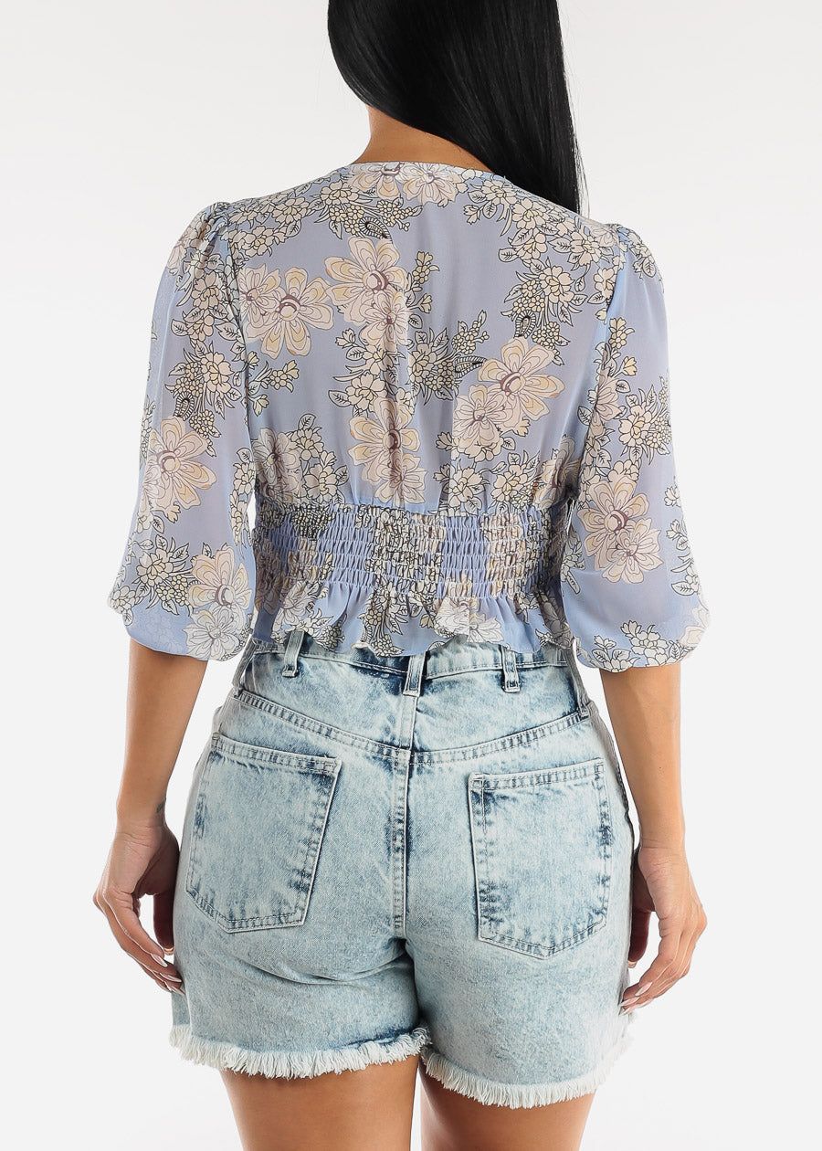 Front Knot Ruffle Hem Floral Crop Top Blue sold by Moda product image thumbnail 4