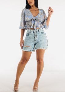Front Knot Ruffle Hem Floral Crop Top Blue sold by Moda