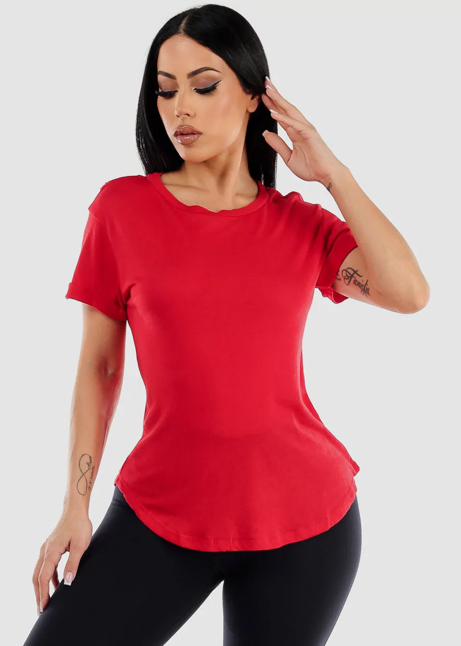 Cuffed Short Sleeve Round Hem Oversized Top Red sold by Moda