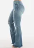 High Waist Med Wash Distressed Flared Jeans w Raw Hem sold by Moda