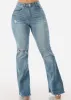 High Waist Med Wash Distressed Flared Jeans w Raw Hem sold by Moda