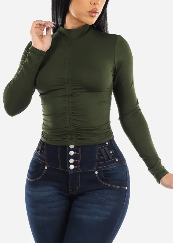 Long Sleeve Front Ruched Mock Neck Top Green sold by Moda