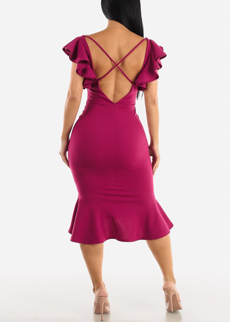 Ruffled Bodycon Midi Dress Magenta w Mermaid Hem sold by Moda product image thumbnail 5