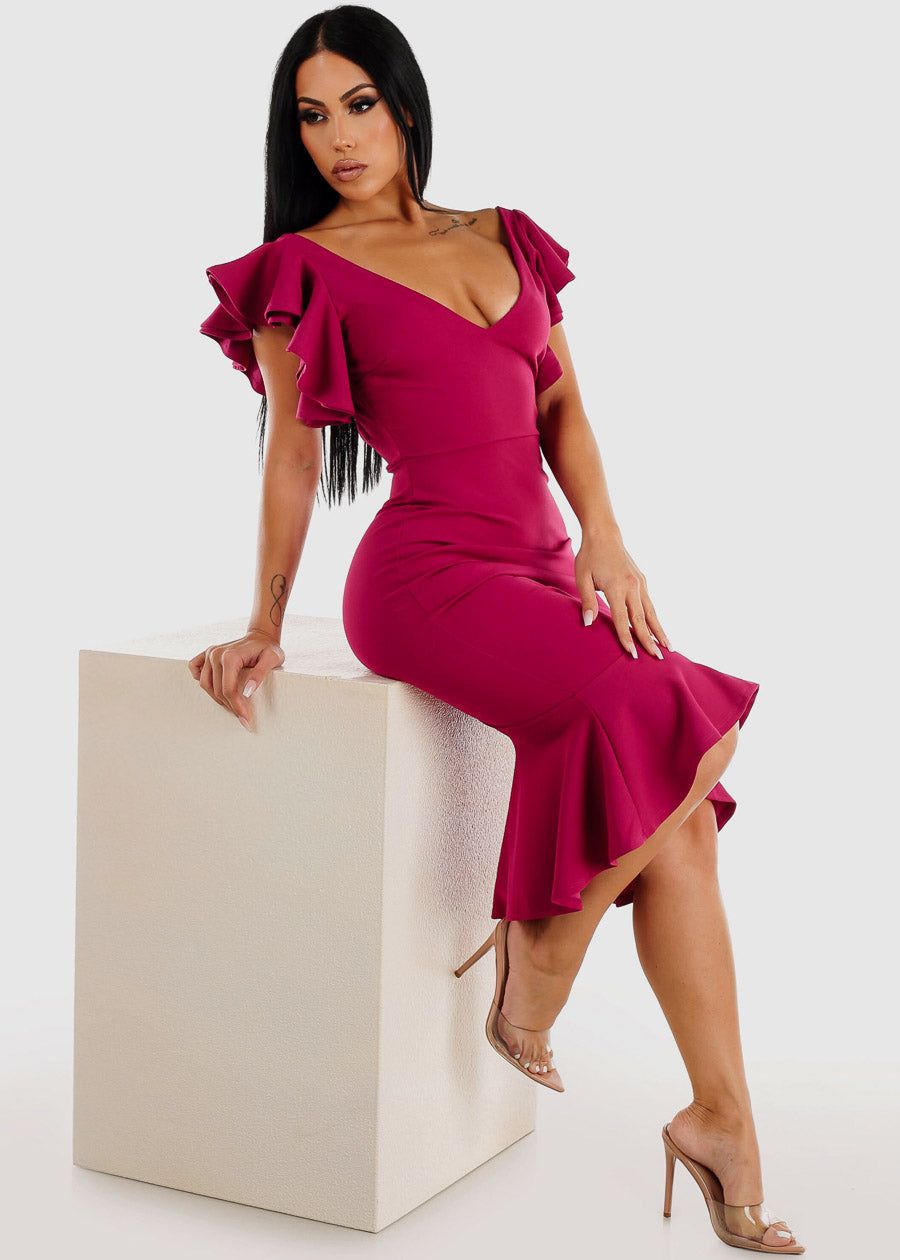 Ruffled Bodycon Midi Dress Magenta w Mermaid Hem sold by Moda product image thumbnail 2
