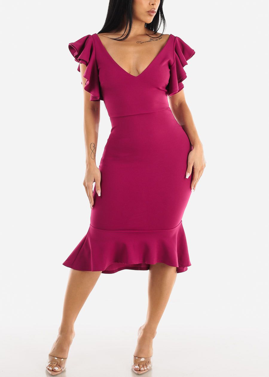 Ruffled Bodycon Midi Dress Magenta w Mermaid Hem sold by Moda product image thumbnail 3