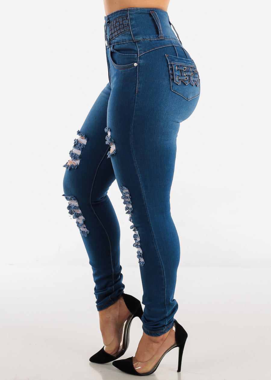 Ultra High Waisted Distressed Butt Lifting Skinny Jeans Indigo sold by Moda product image thumbnail 4