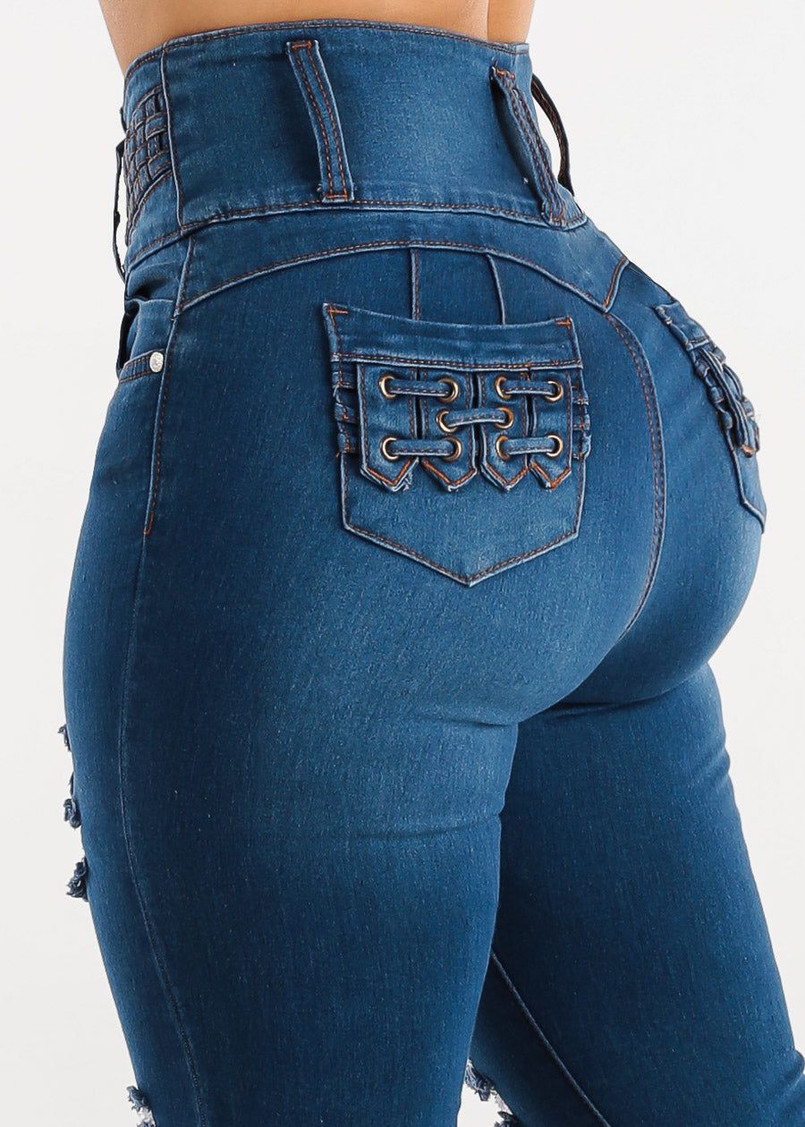 Ultra High Waisted Distressed Butt Lifting Skinny Jeans Indigo sold by Moda