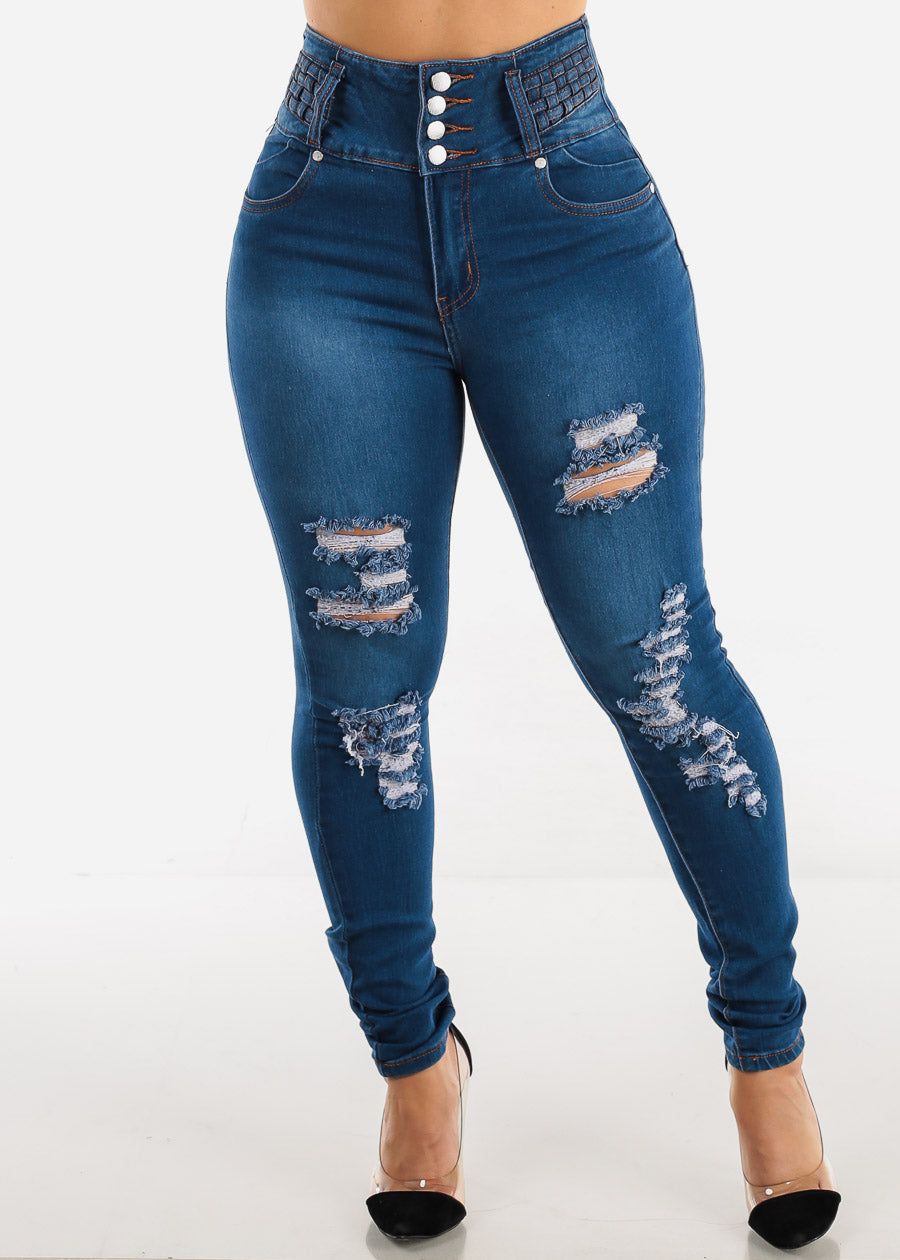 Ultra High Waisted Distressed Butt Lifting Skinny Jeans Indigo sold by Moda product image thumbnail 3