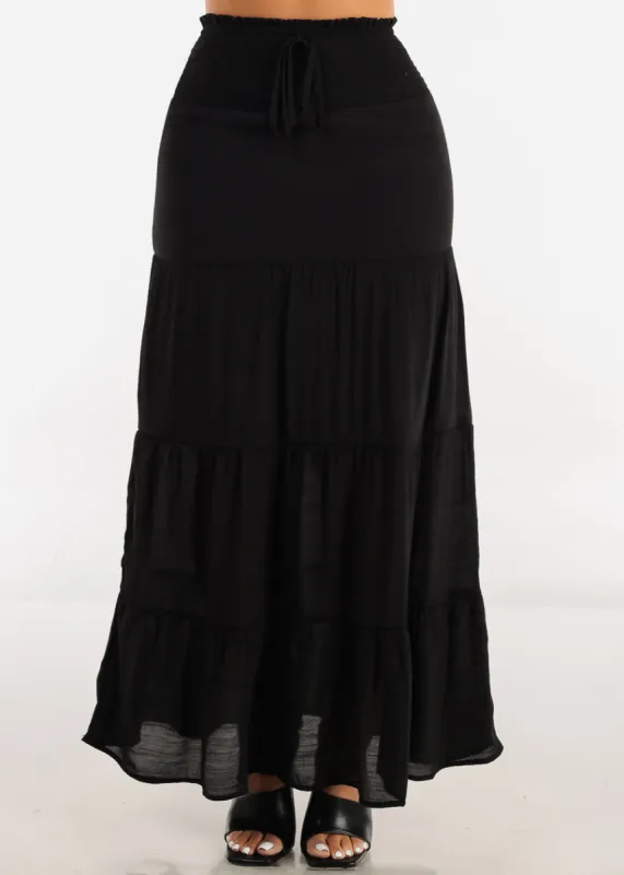 Black Smocked Waist Tiered Maxi Skirt sold by Moda