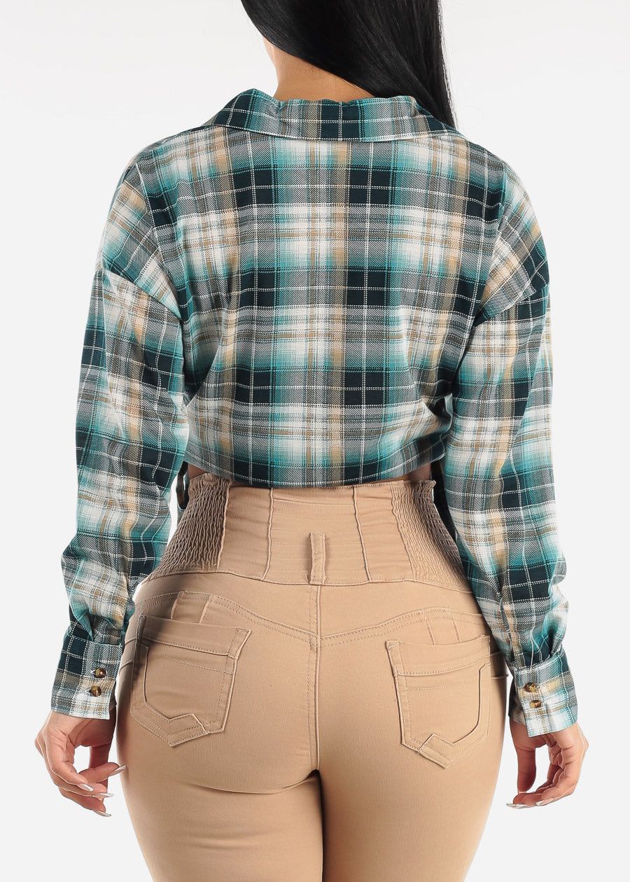 Long Sleeve Plaid Cropped Shirt Teal with Drawstring Waist sold by Moda product image thumbnail 4