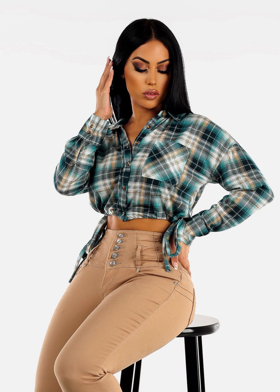 Long Sleeve Plaid Cropped Shirt Teal with Drawstring Waist sold by Moda