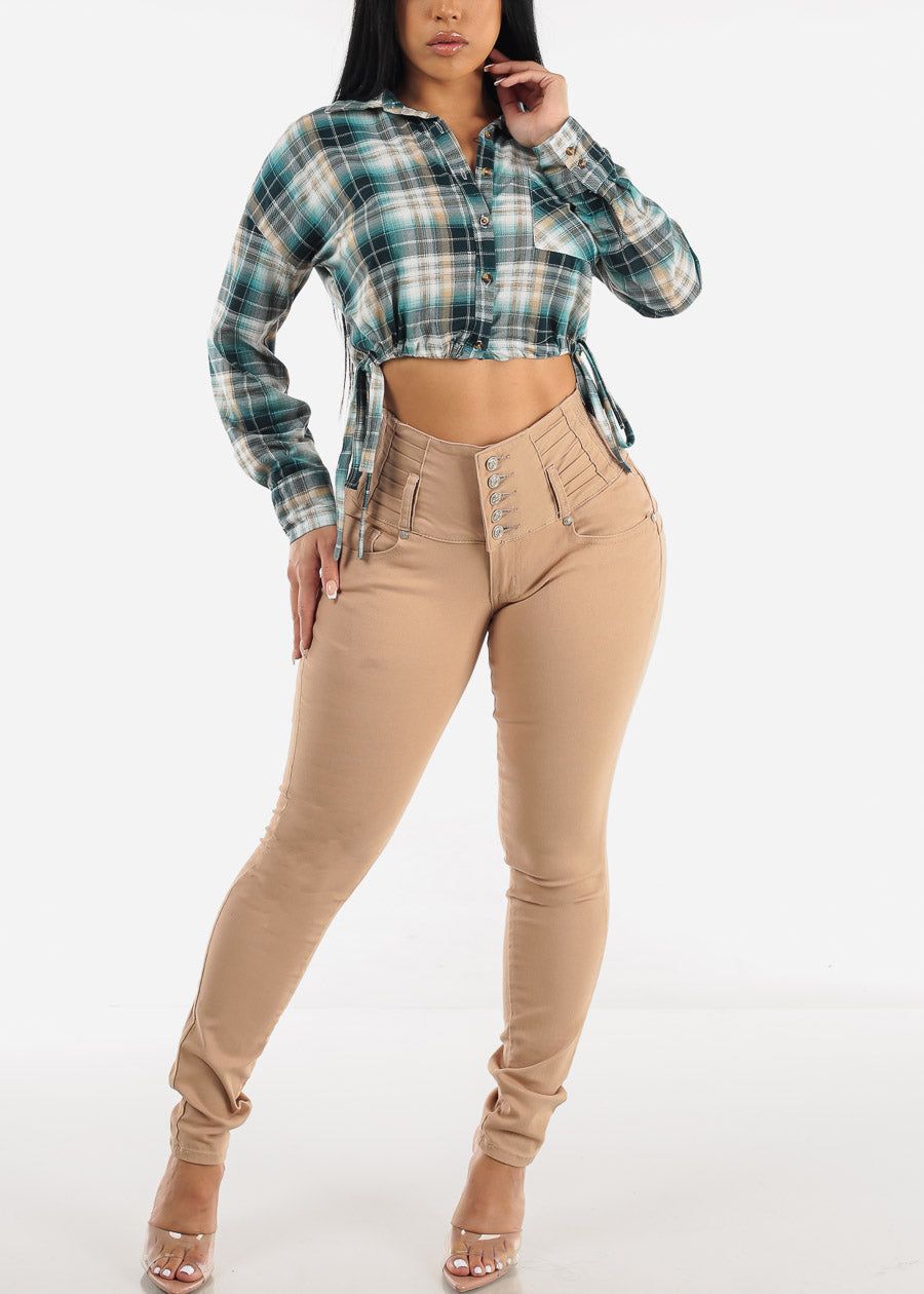 Long Sleeve Plaid Cropped Shirt Teal with Drawstring Waist sold by Moda product image thumbnail 2
