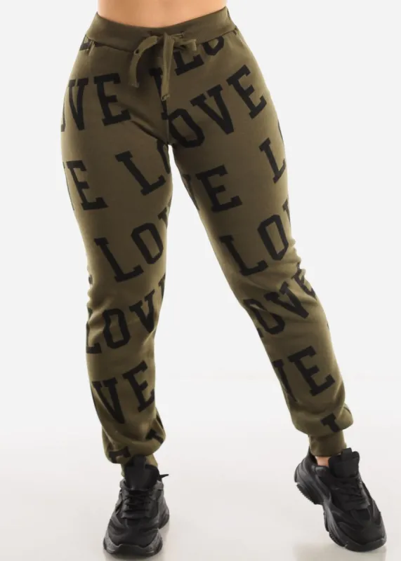 Fleece Drawstring Waist Jogger Sweatpants Olive "Love" sold by Moda
