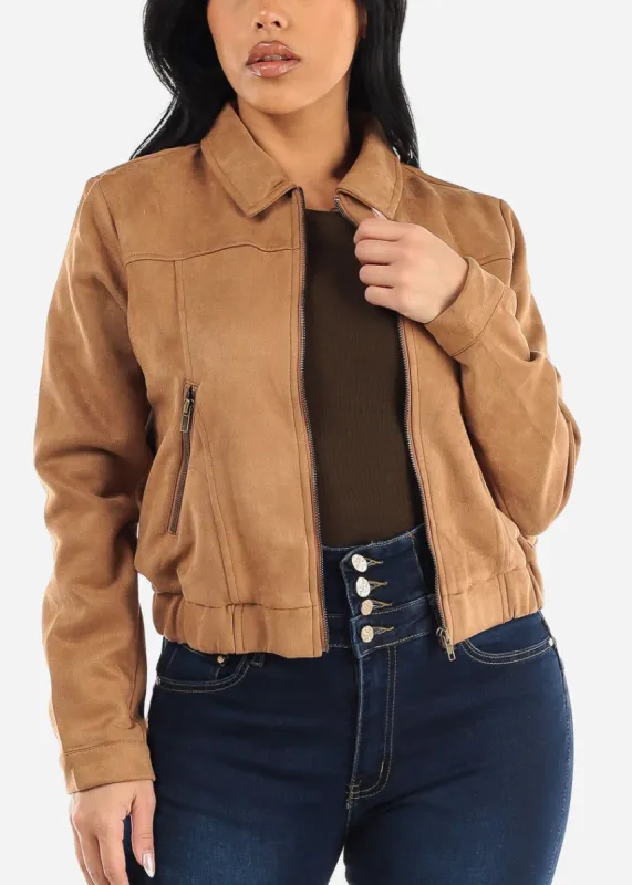 Suede Zip Up Long Sleeve Collared Jacket Khaki sold by Moda