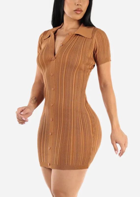 Short Sleeve Collared Bodycon Mini Dress Camel sold by Moda