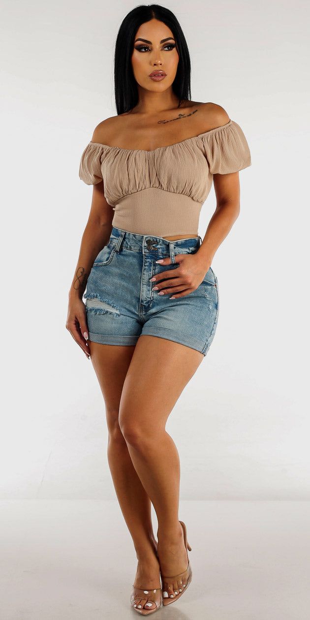 Ripped High Waist Cuffed Denim Shorts with Beige Off Shoulder Crop Top sold by Moda