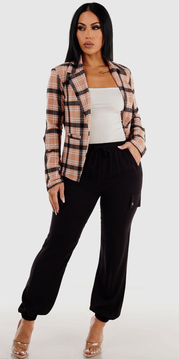 Black High Rise Cargo Jogger Pants White Sleeveless Bodysuit and Khaki Long Sleeve Plaid Blazer sold by Moda