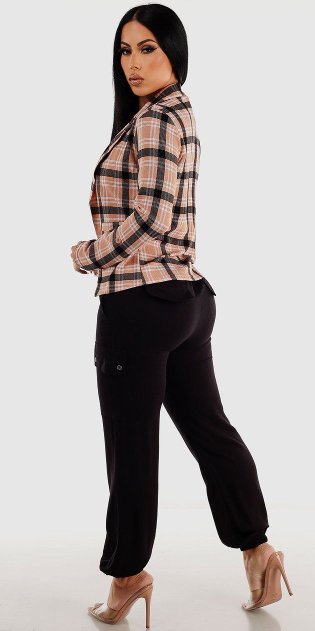Black High Rise Cargo Jogger Pants White Sleeveless Bodysuit and Khaki Long Sleeve Plaid Blazer sold by Moda product image thumbnail 2