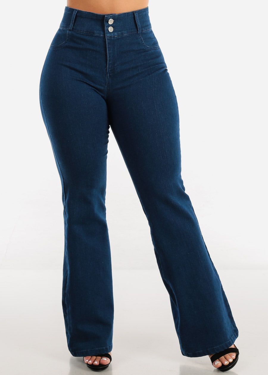 Super High Waisted Dark Wash Flared Jeans sold by Moda