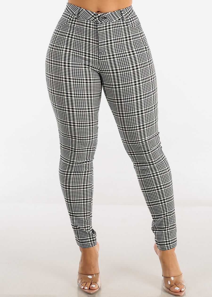 Mid Rise Plaid Skinny Pants Black & White sold by Moda