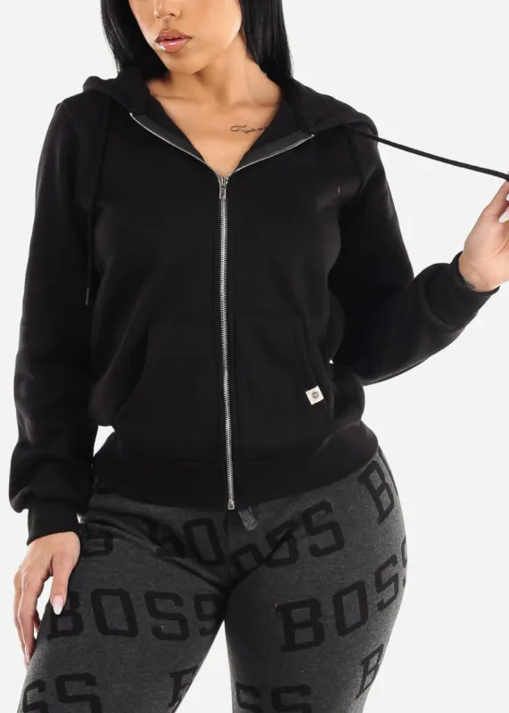 Fleece Zip Up Long Sleeve Black Hoodie sold by Moda