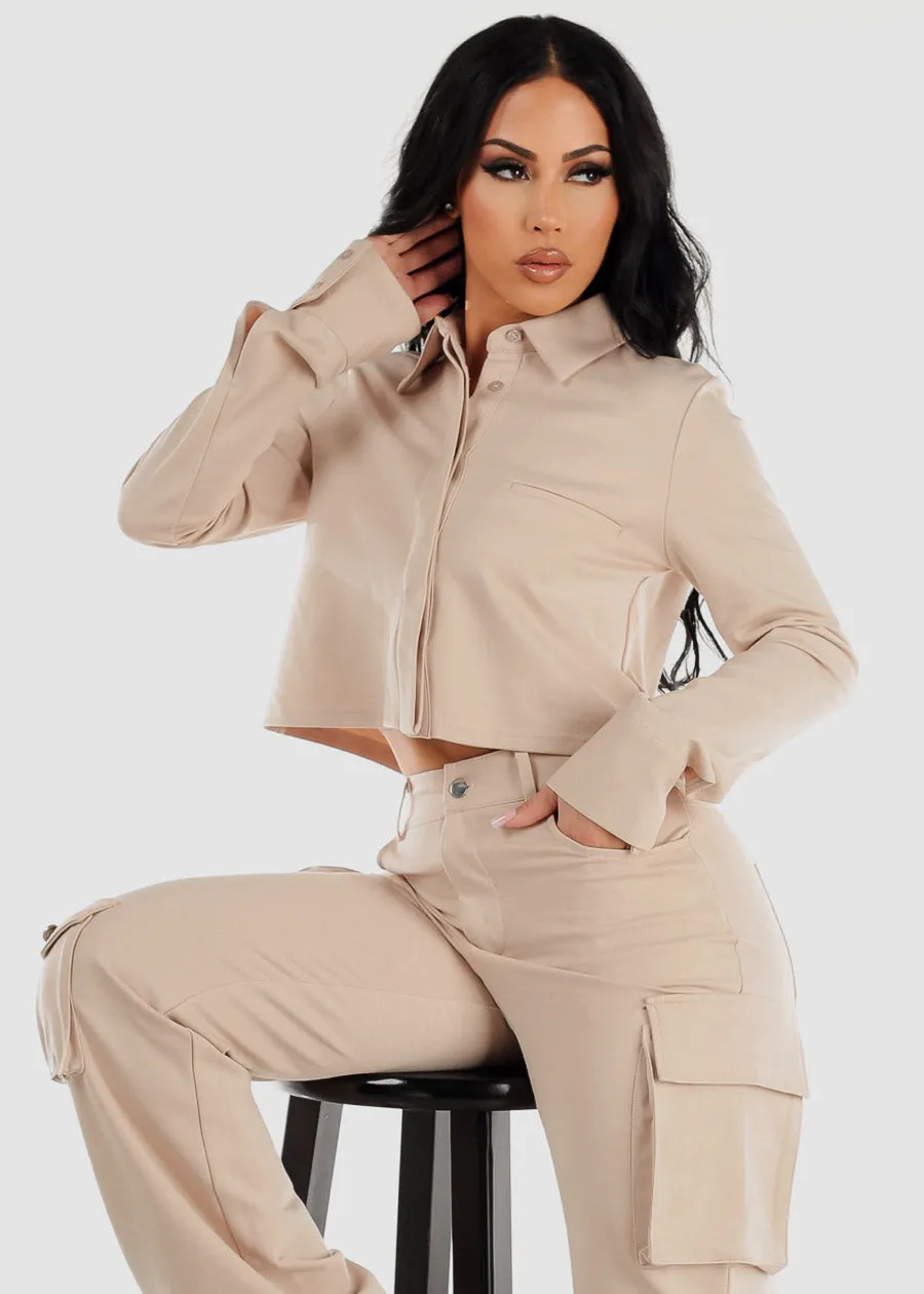 Crop Long Sleeve Button Up Shirt Beige sold by Moda