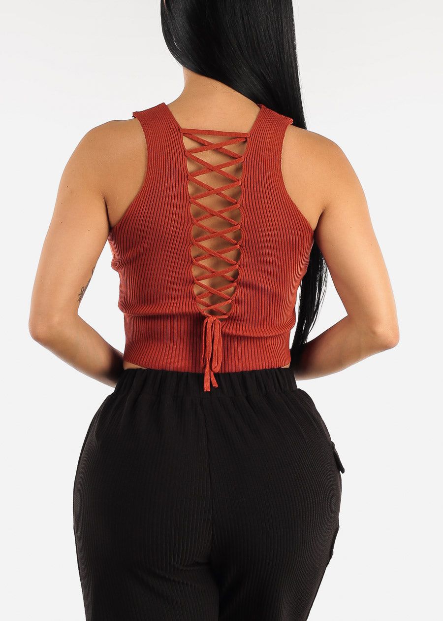 Open Lace Up Back Ribbed Knit Top Rust sold by Moda product image thumbnail 6